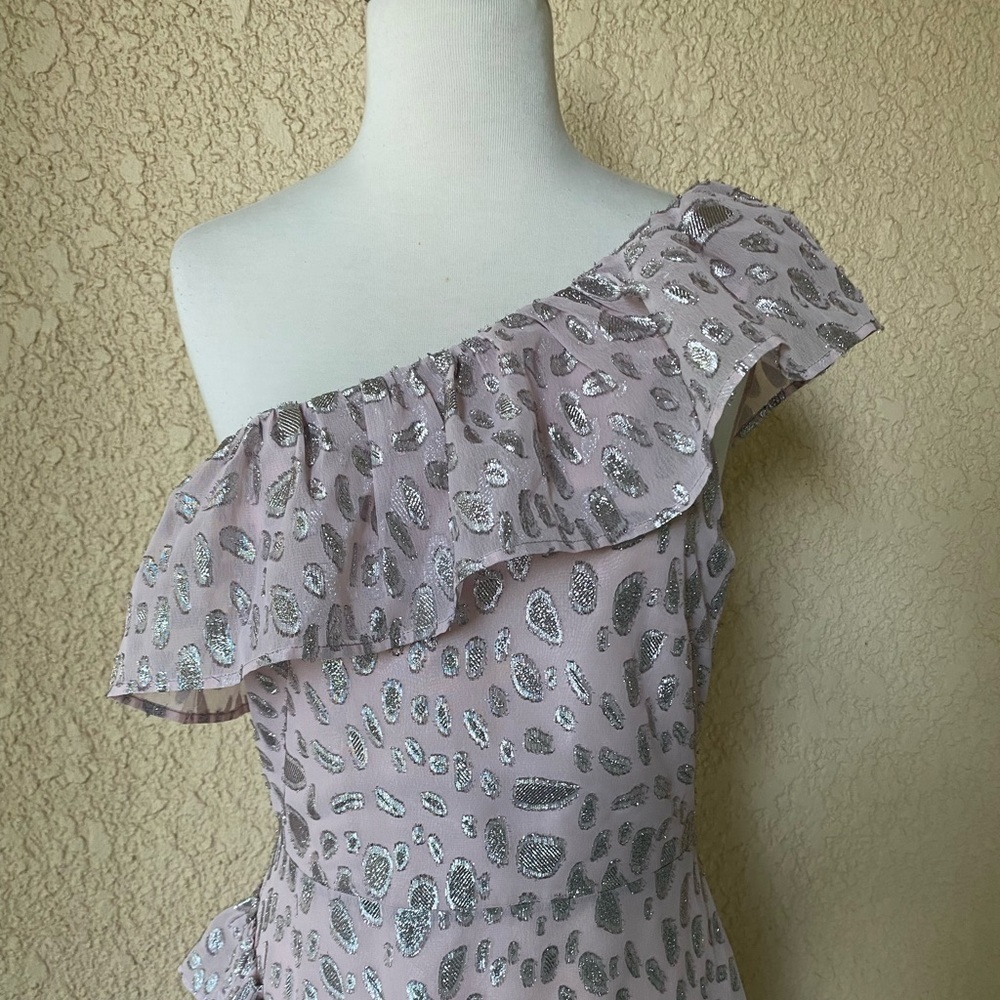 Lovers+Friends‎ One Shoulder Asymmetrical Midi Gown Rose & Metallic Silver M NWT